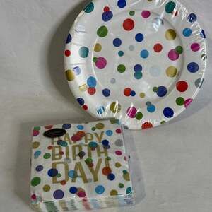 Caspari Confetti Brights Birthday Set 8 Dessert Plates & 20 Triple-Ply Napkins